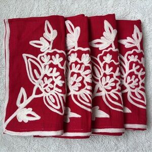 Williams Sonoma Red Linen Napkins with Off-White Embroidery Set of 4
